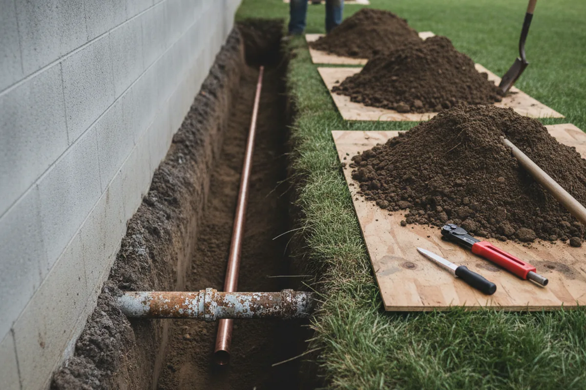 Excavated water line trench during Water Heater Repair in Downey